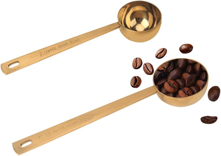 Coffee Scoop, Gold Stainless Steel Coffee Spoons Set, 1 tablespoon (15ml) and 1 tablespoons (30ml) Spoon, Gold Tablespoon Measure Spoon for Coffee, Milk Powder, Fruit Powder, 2 Pack (Long, Gold)