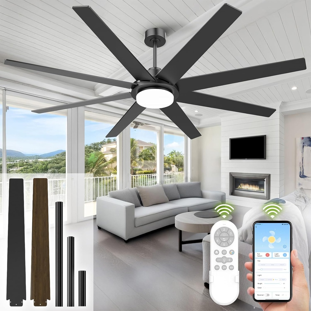 72 Inch Ceiling Fans with Lights and Remote, Outdoor Indoor Black LED Big Ceiling Fan Reversible 24db Quiet DC Motor, 6 Speed 3CCT Dimiable, Modern Ceiling Fans for Patios Living Room Farmhouse Garage