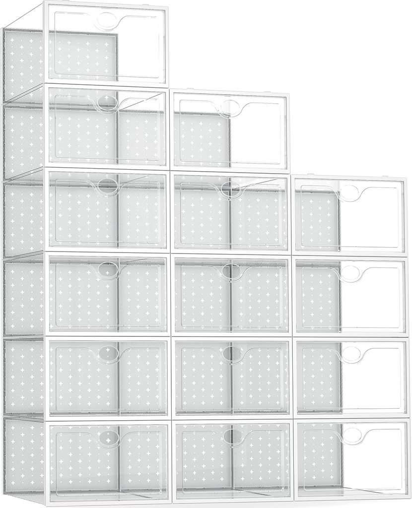 Pinkpum 15 Pack X-Large Shoe Storage Boxes Fit US Size 11, Shoe Organizer for Closet Clear Plastic Stackable Shoe Dispaly Case Holder Bins, Sneaker Storage for Sneakerheads White