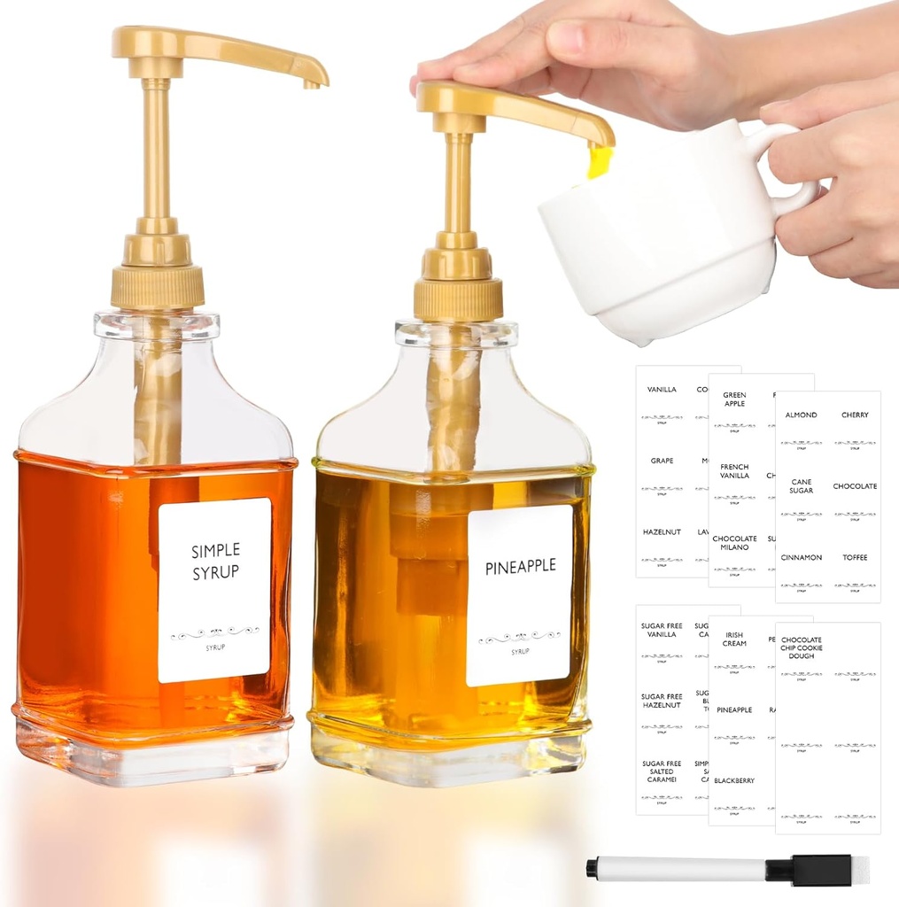 Alotpower 2-Pack 16oz Glass Coffee Syrup Dispenser Bottles, Empty Square Dispenser for Coffee Bar with 1/4oz Pump - Kit Includes 36 Labels & Marker