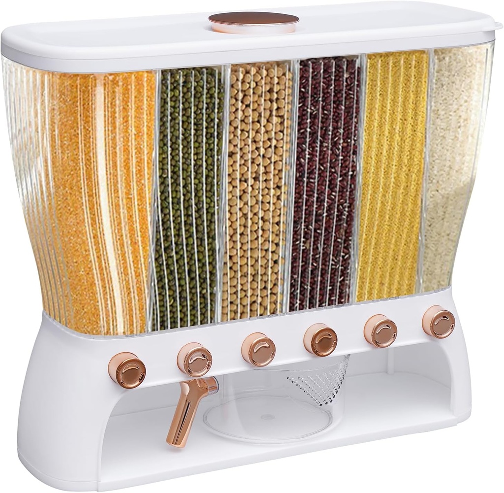 Gdrasuya10 22Lbs Rice and Grain Dispenser, 6-Grid Kitchen Dry Food Container with Airtight Moisture Lid, 1-Click Output Transparent Rice Storage with Measuring Cup for Cereal, Flour, Beans