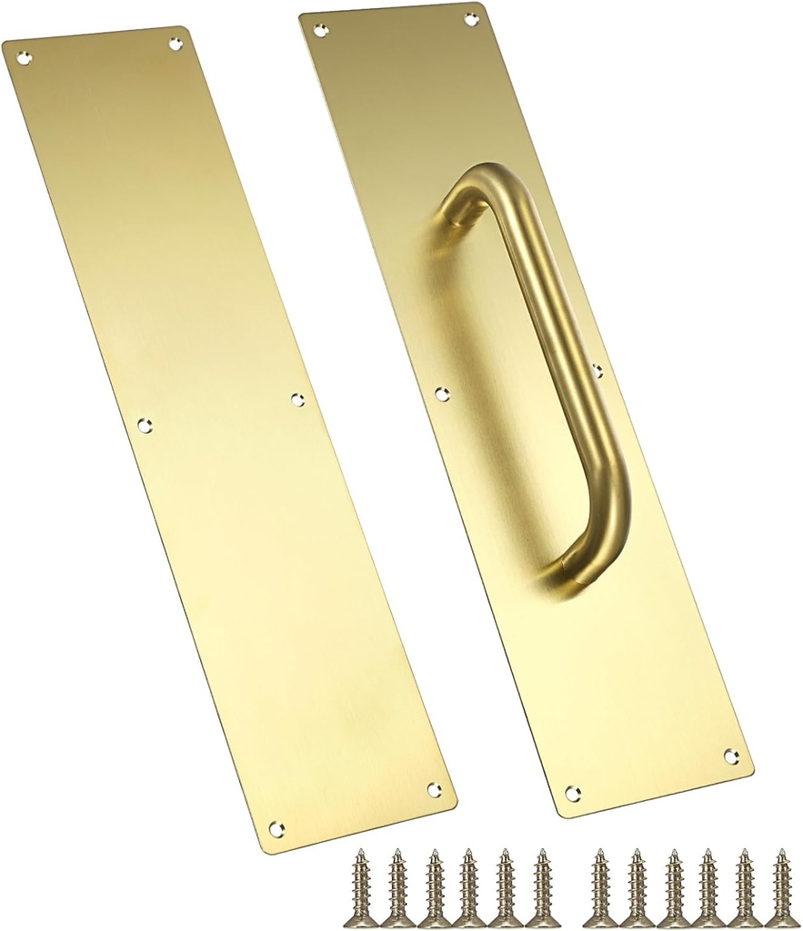 Sumnacon 1 Set 16" Stainess Steel Door Handle Pull & Push Plate - Heavy Duty Gold Gate Handle Bar for Home/Office/Warehouse/Public,Suitable of Wooden/Composite Door with Screws,Brushed