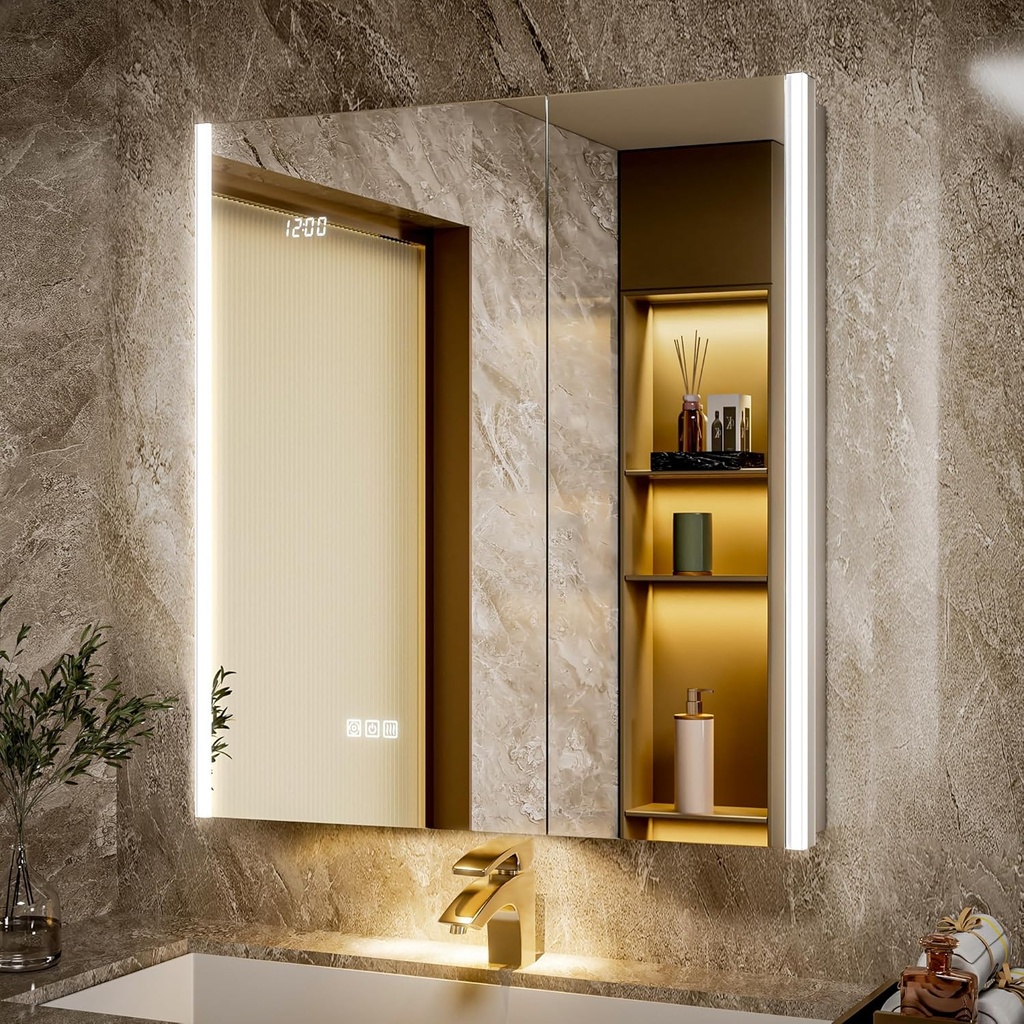 30x32 Lighted Medicine Cabinet Mirror with Lights & Smart Night Lamp -Surface or Recessed Medicine Cabinet Mirror with Outlet & Clock,Fogless Dimmable LED Storage Mirror,Built-in Sensor Light