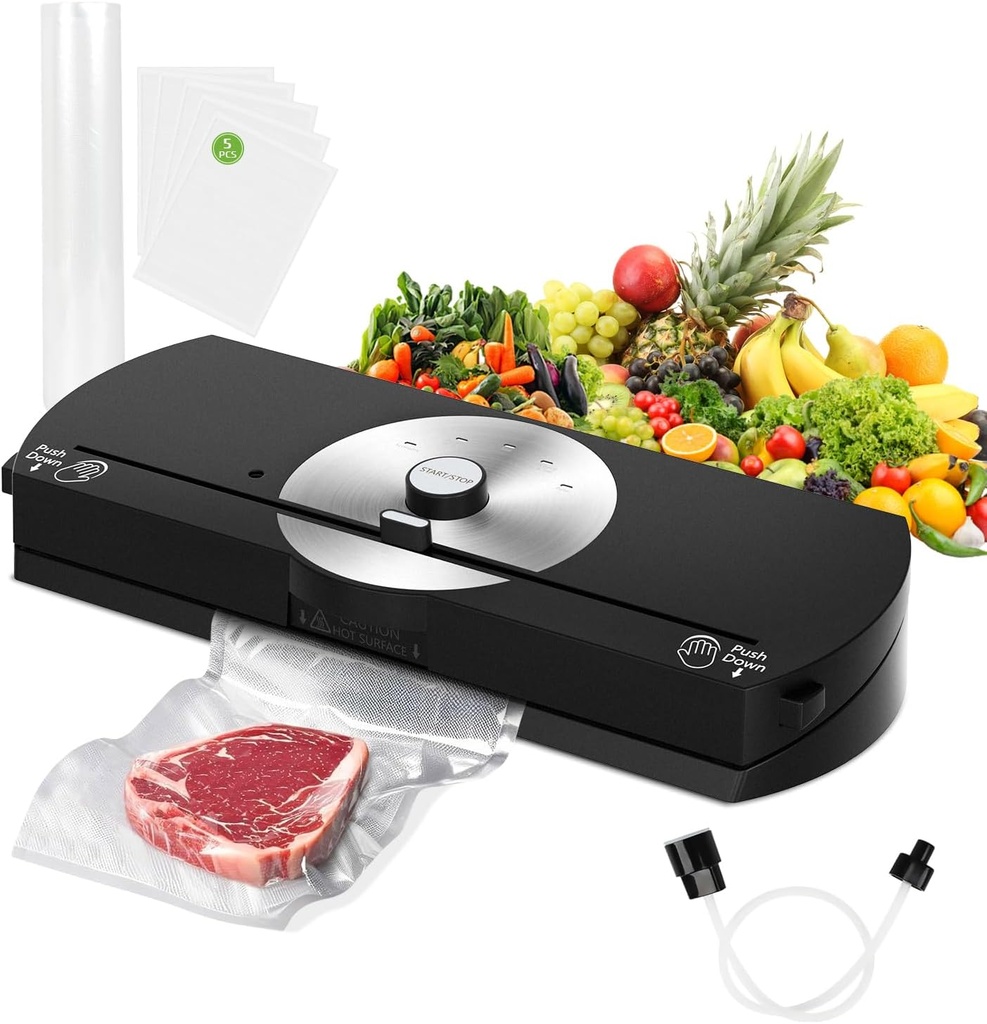 Vacuum Sealer Machine for Food, 65KPA Powerful Compact Vacuum Air Food Sealer with Built-In Cutter & Starter Kit, One-Touch Operation, Moist/Dry/Pulse/Canister All Food Modes LED Indicator