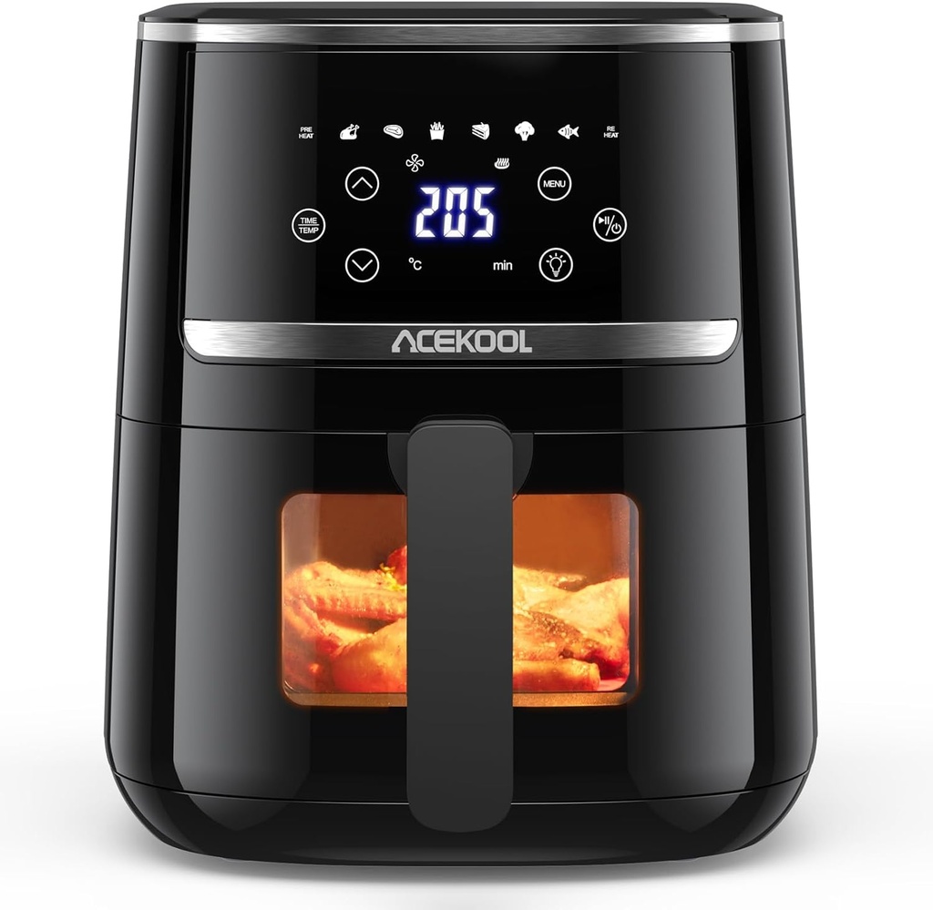 Air Fryer With5-Qt Compact and Touchscreen – 6-In-1 Multi-Function Cooker, 8 Preset Modes, Quiet 45dB Operation, Up to 95% Less Oil, Fast Cooking Up to 400°F, Roast, Bake, Dehydrate, Reheat