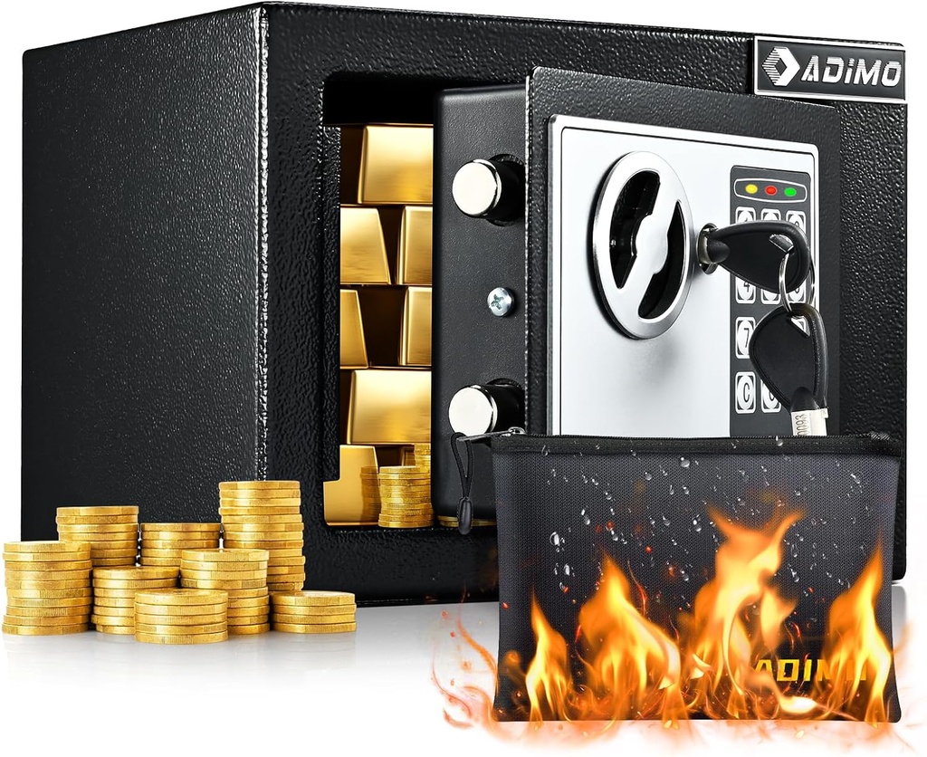 ADIMO Safe Box, Small Safe for College Dorm Room with Fireproof Waterproof Money Bag for Cash or Document, Keys &Pass Code, Home Money Box with Kits, 0.23CuFt Hidden Lockbox for Home Office Hotel