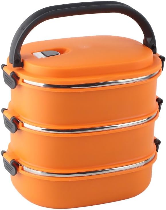 3 Layer Insulated Lunch Box,Stainless Steel Portable Food Container with Leak Proof Seal for Meal Prep Office School Travel (Orange)