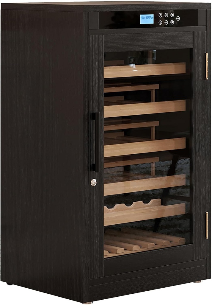 LED touch screen display wooden constant temperature wine cabinet wine cooler cellar cabinet wine beverage refrigerator home bar independent glass door cooler (Medium)