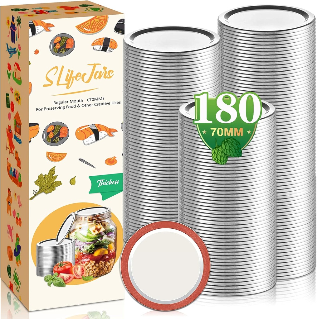 SLifeJars Regular Mouth Canning Lids 180Pcs Mason Jar Lids Food Grade Material Airtight Jar Lid Leak Proof Canning Split-type Lid for Regular Mouth Mason Jars(Silver/70MM)