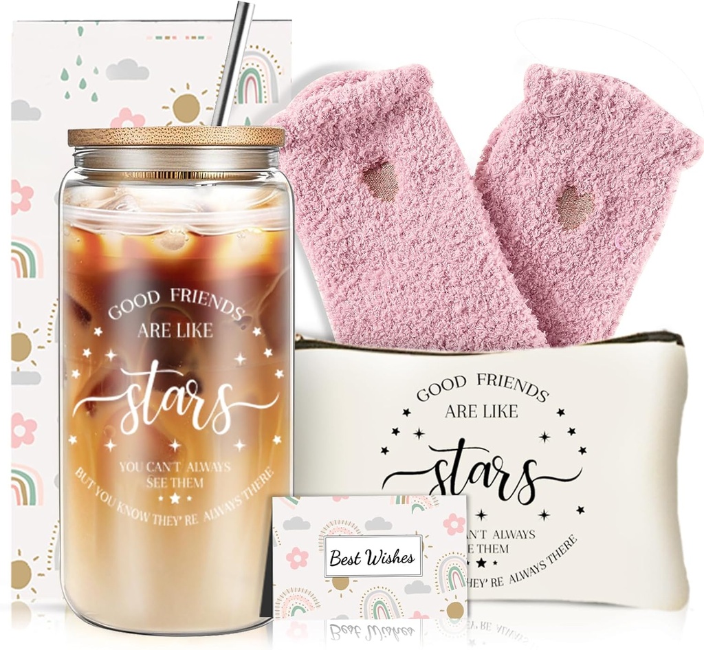 DHQH Funny Friendship Gifts for women, Best Friend Birthday Gifts for Women Sisters Besties Bff, Mothers Day Gift Set with Ice Coffee Cup Socks