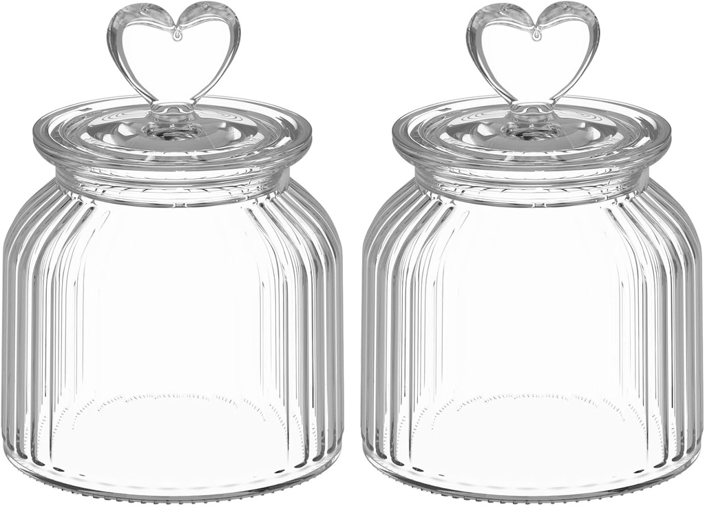 22 oz Clear Glass Canister with Cute Heart shaped Lids Set, Food Storage Glass Jars with Airtight Lids for Kitchen and Dining Room, Stripe/Set of 2