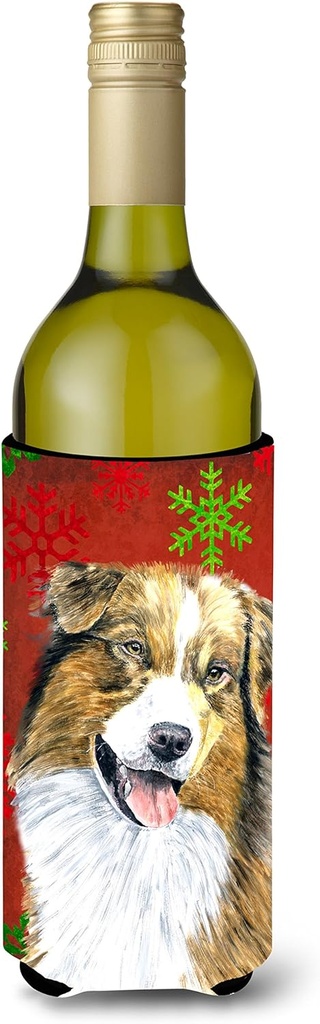 Caroline's Treasures SC9437LITERK Australian Shepherd Red Green Snowflakes Christmas Wine Bottle Hugger Bottle Cooler Sleeve Hugger Machine Washable Collapsible Insulator Beverage Insulated Holder