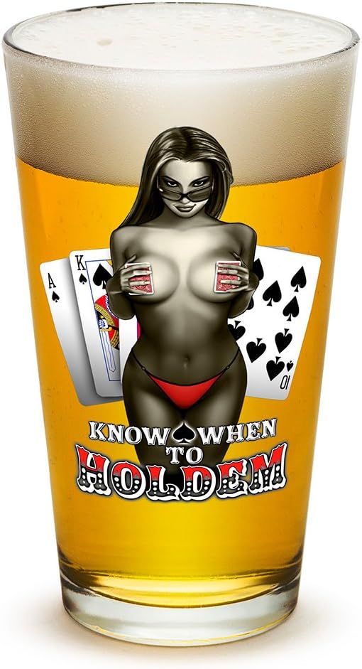 Poker Gambling Cards Holdem Funny - Know when to Hold Them - Classic Premium Beer Pint Glasses 16 Ounce - Set of 24 - Highball Cocktail Mixing Glass - Perfect for Cold Beverages - With Logo