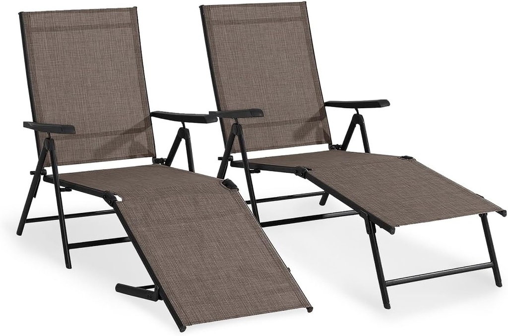 MFSTUDIO 2 Piece Outdoor Folding Patio Chaise Lounge Chairs, Set of 2 Outdoor Textiline Recliner Chairs Patio Lounge with 7 Position Adjustable for Beach, Backyard, Poolside, Lawn(Brown)