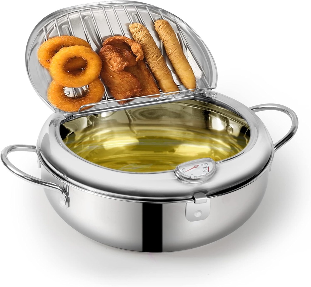 Deep Fryer Pot 304 Stainless Steel Japanese Frying Pot 3.4L/9.4 Inch Tempura Frying Pot with Lid, with Temperature Control Oil Drip Drainer Rack for Fried Chicken, Shrimp, French Chips dip