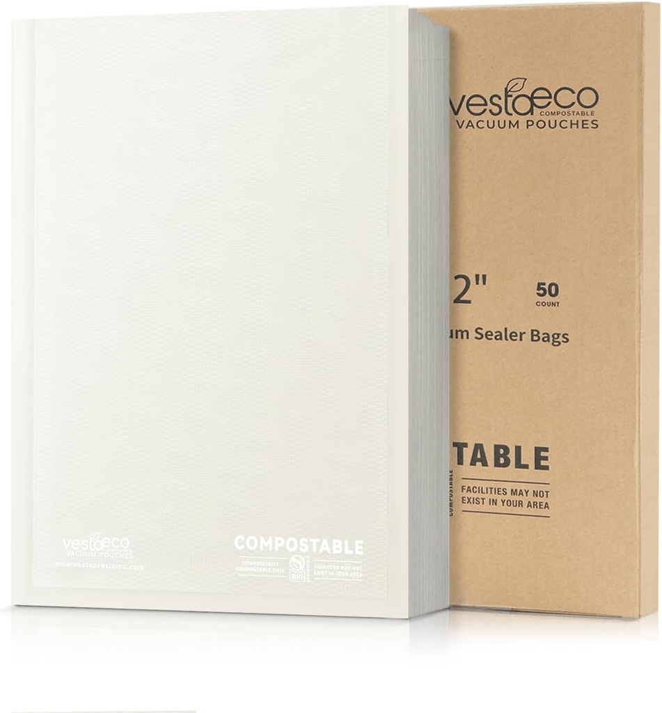 VestaEco Compostable Vacuum Sealer Bags, 8" x 12" 50 Count, Eco-Friendly, Heavy-Duty Food Storage Bags, BPA-Free, for Storage, Meal Prep or Sous Vide