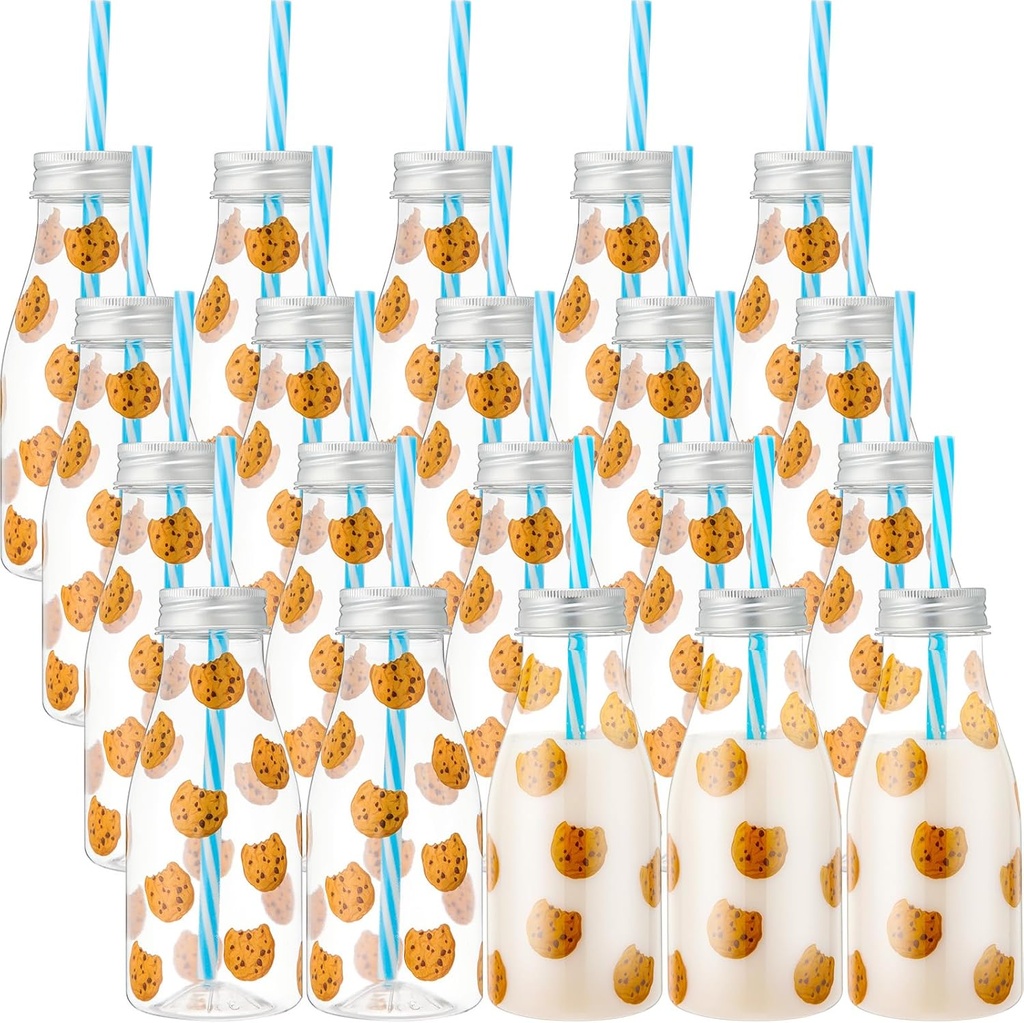 Yungyan 20 Pcs Plastic Cookies Milk Bottles with Straws and Lids Small Clear Milk Jar with Lids Mini Juice Bottles and 300 Sticker Labels for Theme Birthday Party Baby Shower