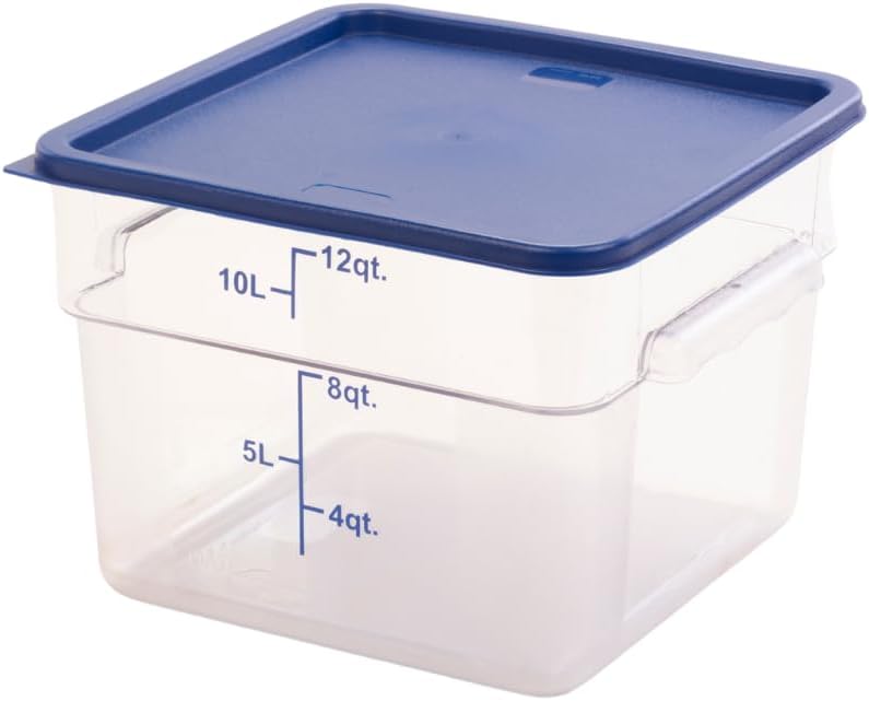FSE Square Food Storage Container with Blue Lid, 12 Quart, Polycarbonate, Reusable, Clear, NSF
