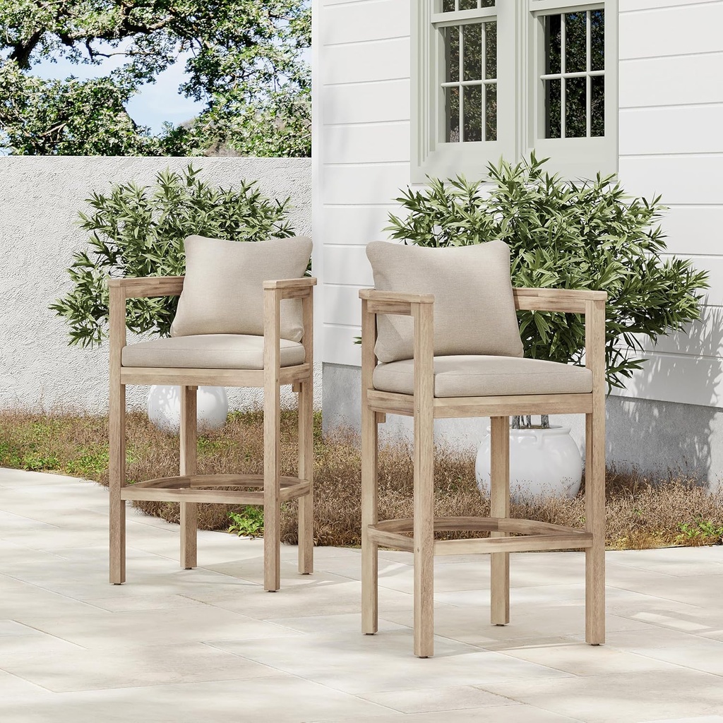 Christopher Knight Home Kuart Acacia Wood Outdoor Bar Stool Set of 2 with Cushion, Patio Armchair Set for Bar Table, Wooden Counter Height Patio Bar Stool with Footrest, Natural Washed+Beige
