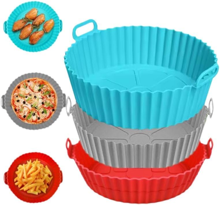 Silicone Air Fryer Liner Set, 8 Inch Round, 3 Pack for 3-5 Qt Fryers, Red Blue Gray