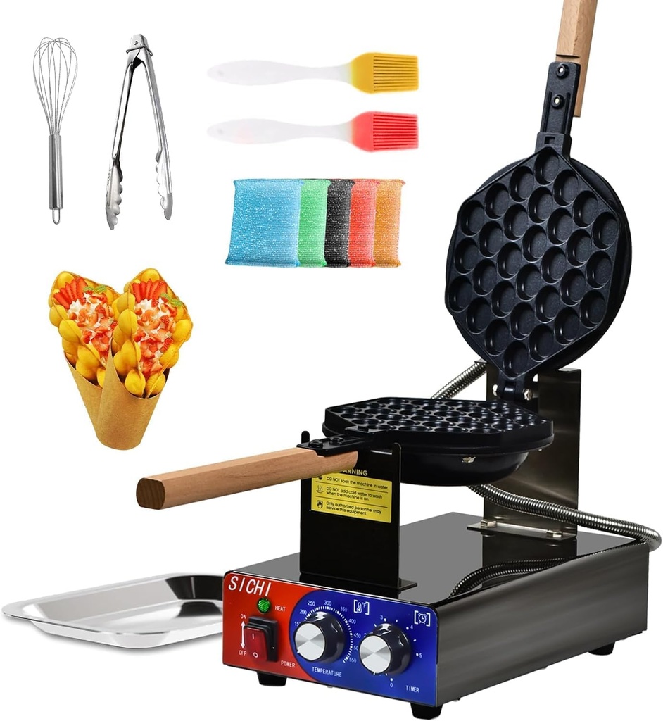 Bubble Waffle Maker - Commercial Egg Waffle Maker w/Non-stick, Temperature and Timers, 1400W Hong Kong Egg Waffle Iron w/Rotating Baking Pan, Stainless Steel Bubble Waffle Machine Restaurants