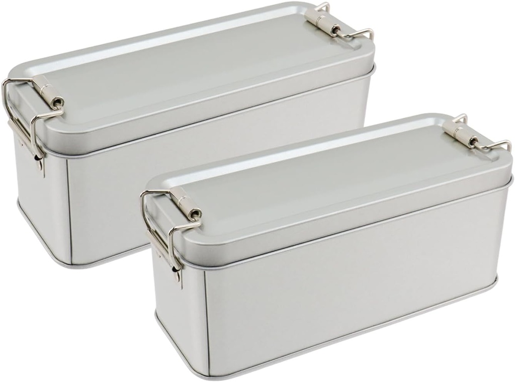 2 Pcs Small Metal Box with Lid, Tinplate Silvery Tin Lunch Storage Box Containers with Buckle Latch for Outdoor, Picnic, Home (5.91"×2.36"×2.56", Silvery)