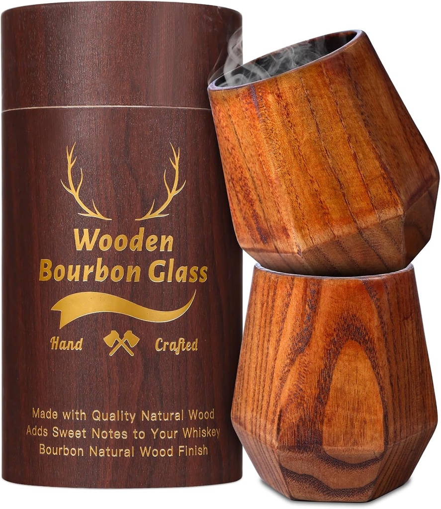 Charred Wooden Bourbon Drinking Glass Set of 2, Handcrafted Diamond Whiskey Tumblers, Unique Old Fashioned Cups, Wooden Bourbon Glass Gifts,Unbreakable Whiskey Glasses for Outdoor, Camping & Home Bars