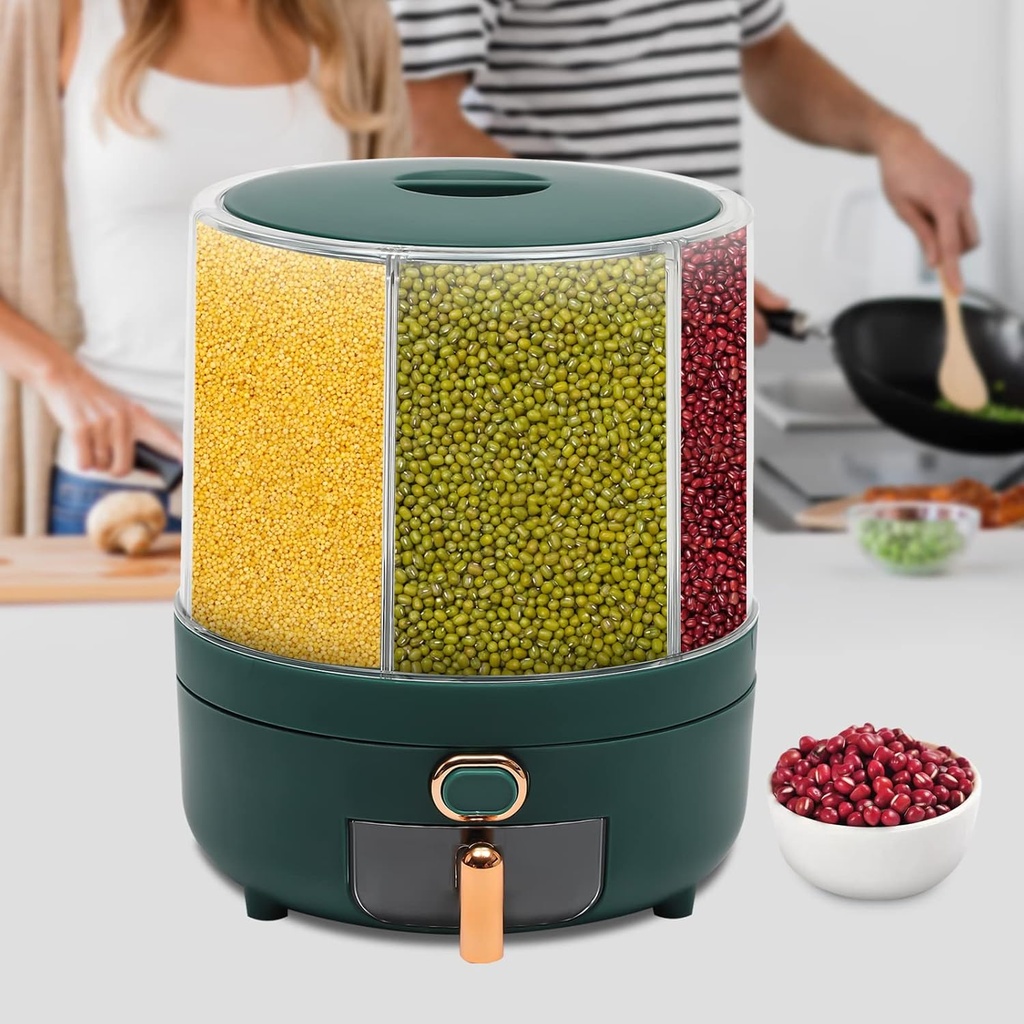 Green+Clear Rice Dispenser, Rotating Dry Food Dispenser PET, PP Kitchen Grain Storage Container with 6 Compartments Holder for Rice and Beans, Homes, Kitchens (Large-type)