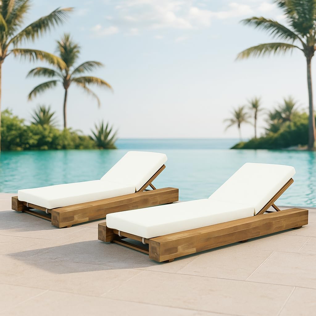 Christopher Knight Home Tory Acacia Wood Chaise Lounge Chair Outdoor Set of 2, Adjustable Backrest Sun Lounger Recliner, Patio Outdoor Chaise Lounge with 4" Thick Water-Resistant Cushions, Teak+Cream