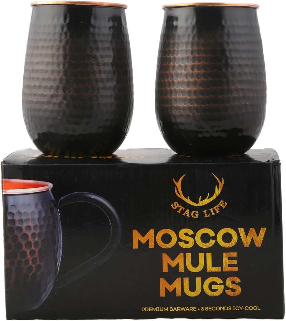 STAGLIFE 16 Oz Pure Copper Tumblers for Drinking Water Cups Mugs Glasses Set of 2, Solid Moscow Mule Hammered Tall Black Tumbler Cup Mug Glass with No Handle, Brushed/Large