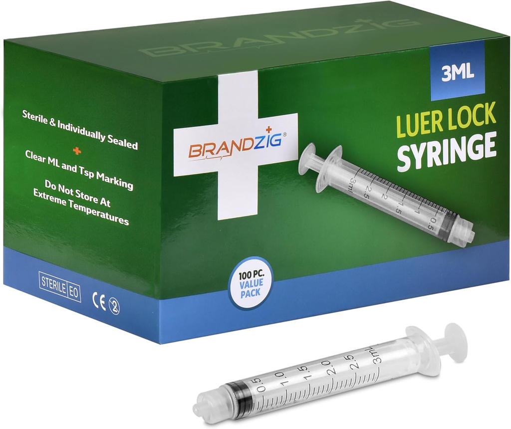 3ml luer lock syringe (No Needle) - Sterile, Individually Wrapped - 100 Pack - for Professional & Personal Use