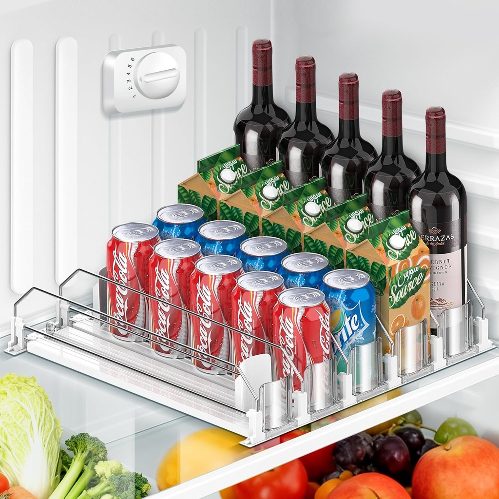 Drink Organizer for Fridge, drink dispenser for fridge, Automatic Pusher Glide,12oz 16oz 20oz-Soda Dispenser for Fridge-Holds up to 25 Cans - 5 Rows White