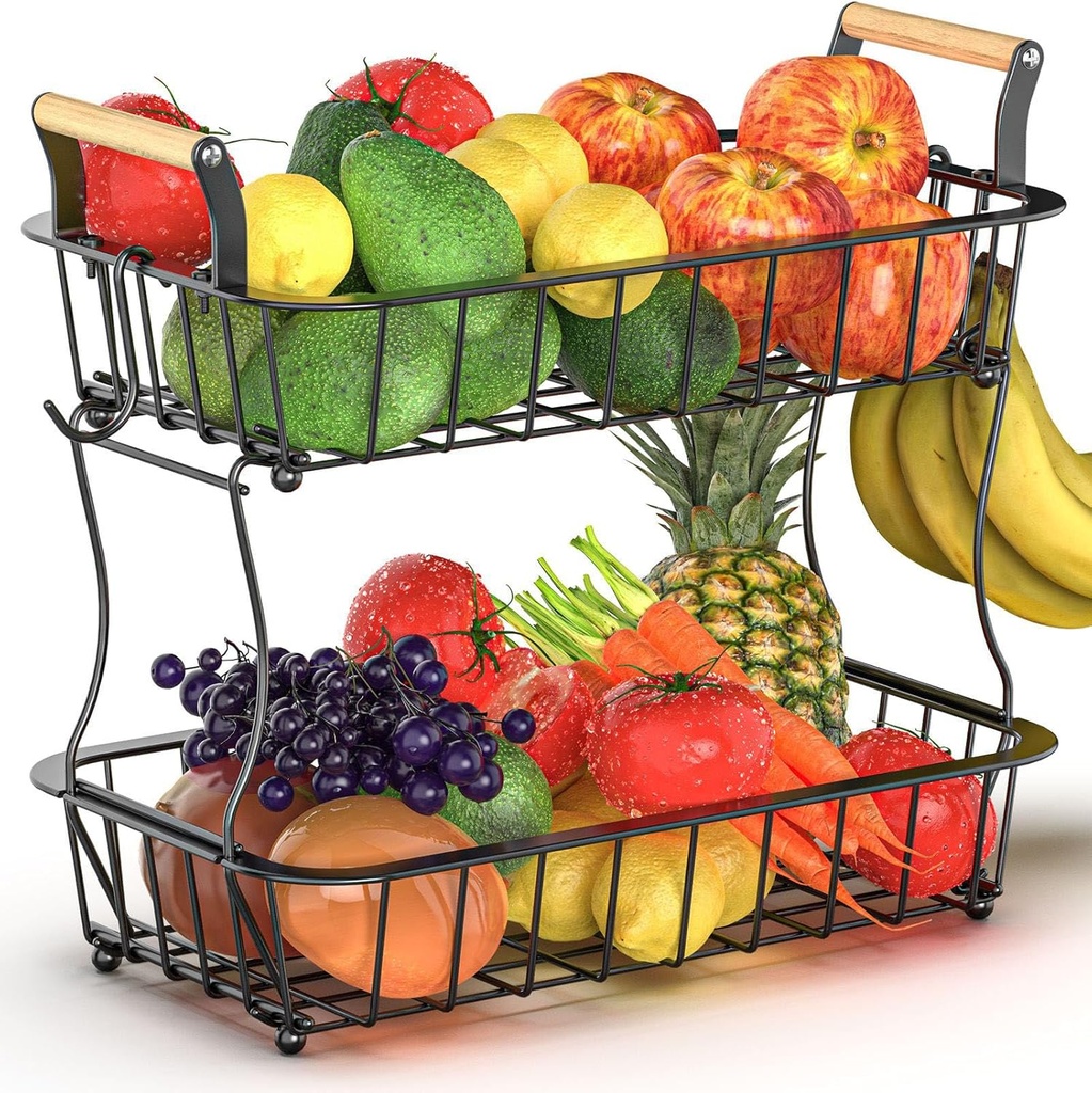 2 Tier Banana Hanger Stand with 2 Hangers, Large Fruit and Vegetable Storage Basket