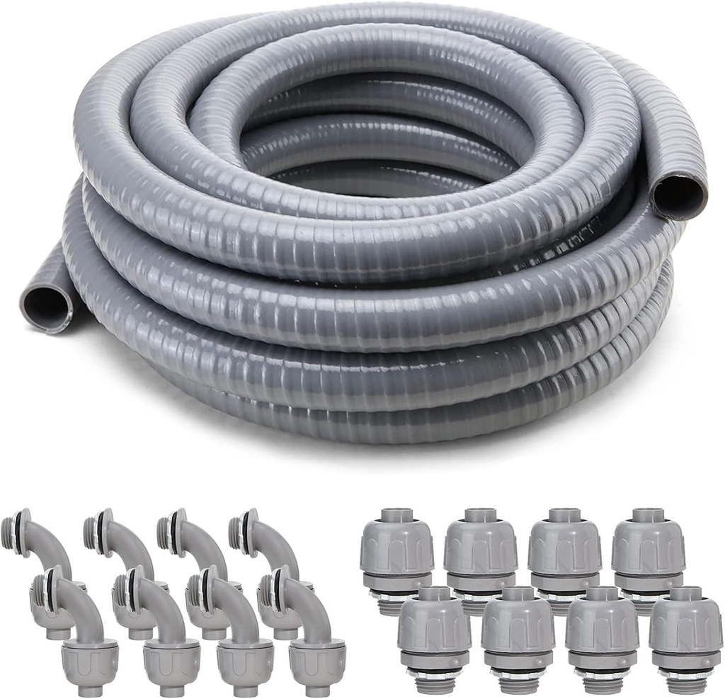 DWALE Liquid-Tight Conduit and Connector Kit,Flexible Non Metallic Liquid Tight Electrical Conduit,1/2inch 25ft Electrical Conduit Kit,with 8 Straight and 8 Angle Fittings Included,1/2 in. Dia