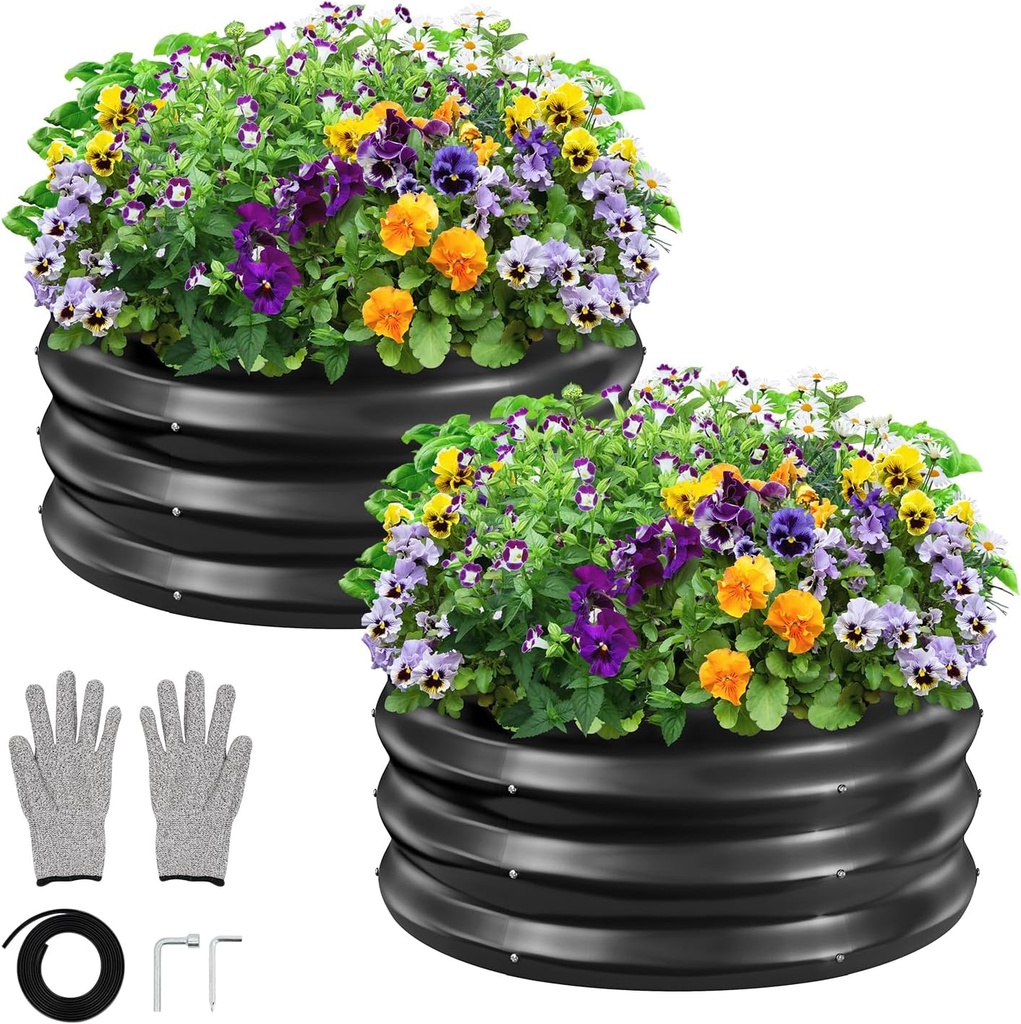 GreatBuddy 2x2x1 ft Round Galvanized Raised Bed, Easy-Assembly Raised Garden Bed with Anti-Cut Gloves & Tools, Rust-Proof Garden Bed for Outdoor, Vegetables, Herbs, Small Trees, Black