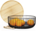 Fruit Basket with Wooden Bamboo Lid - Fruit Bowl For Kitchen Counter - Countertop Bin for Produce Fruits, Potato and Veggie - Metal Wire Baskets For organizing - 11.4"x11.4"x4.5" - Black