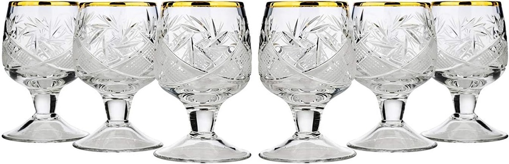 Set of 6 Neman Glassworks, 1.7-Oz Gold Rim Vintage Russian Crystal Shot Glasses