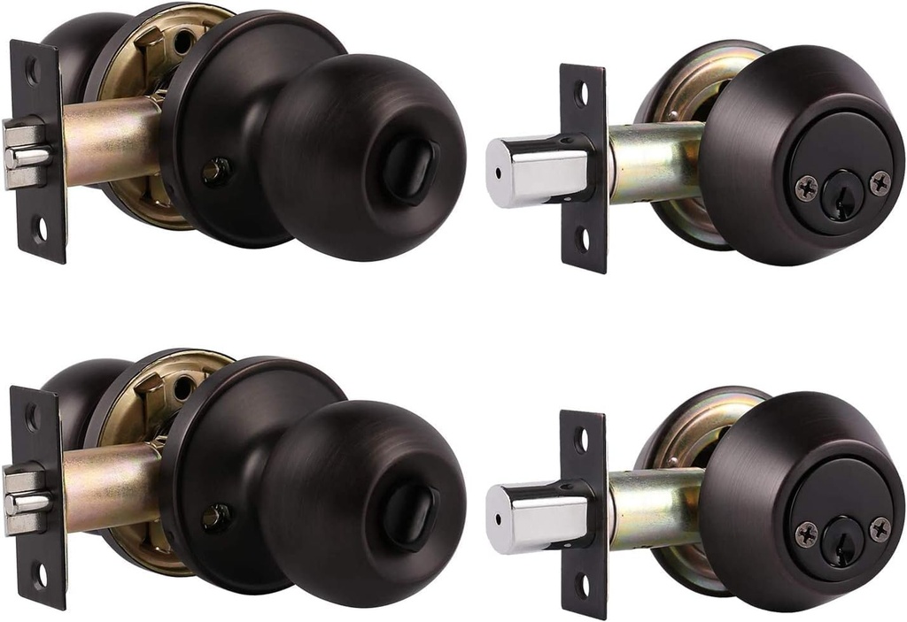 2 Pack Exterior Door Knob and Deadbolt Set, Oil Rubbed Bronze Entry Door Lock Sets with Double Cylinder Deadbolt, Security Round Style Entry Door Knobs Deadbolt