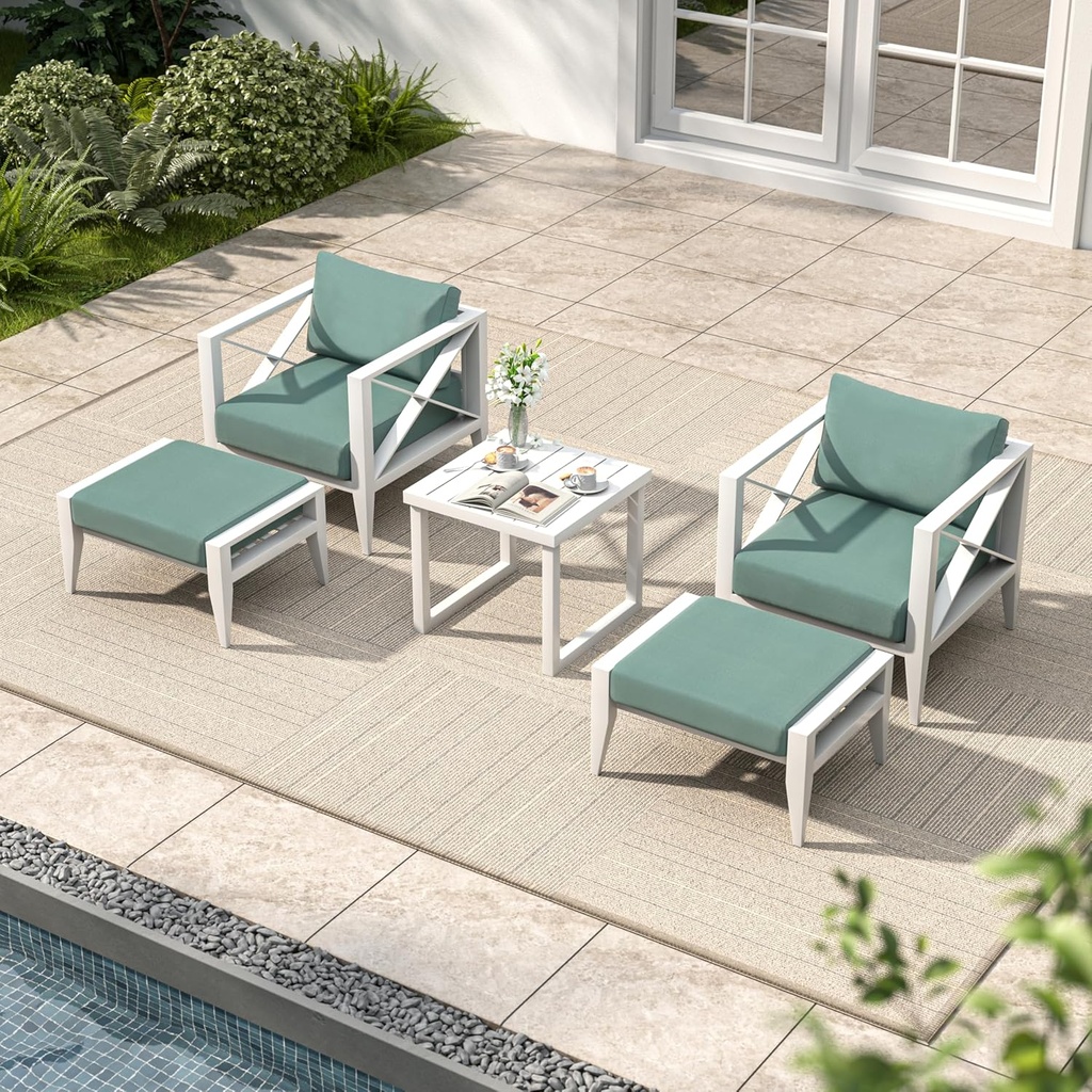MBY Outdoor Aluminum Patio Furniture Set, 2-Seats Patio Conversation Sofa Set with 1 Coffee Table and 2 Ottomans, All Weather for Pool, Balcony, Garden(White)