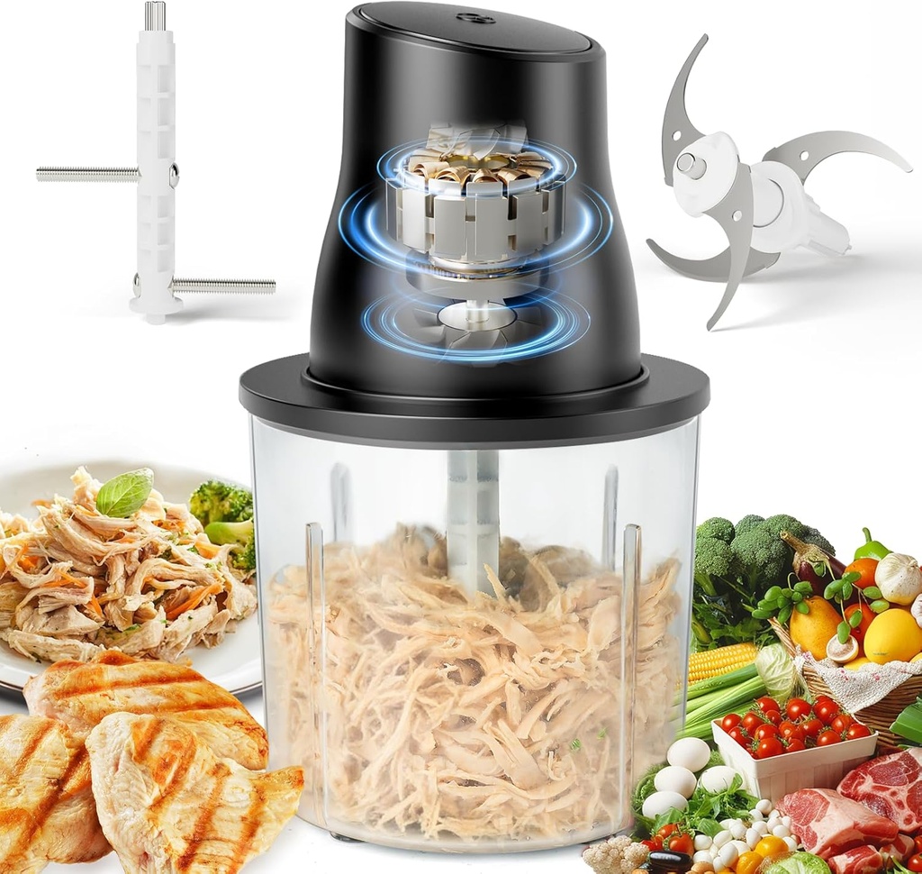 Electric Chicken Shredder Automatic 250W Food Processors Machine - Electric Food Chopper with Meat Grinder & Vegetable Chopper, 2 Bi-Level Blades for Home Use,Kitchen Aid,Baby Food,Pet Food