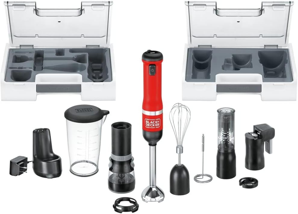 BLACK+DECKER Kitchen Wand Cordless Immersion Blender, 6 in 1 Multi Tool Set, Hand Blender with Charging Dock, Red (BCKM1016KS06)