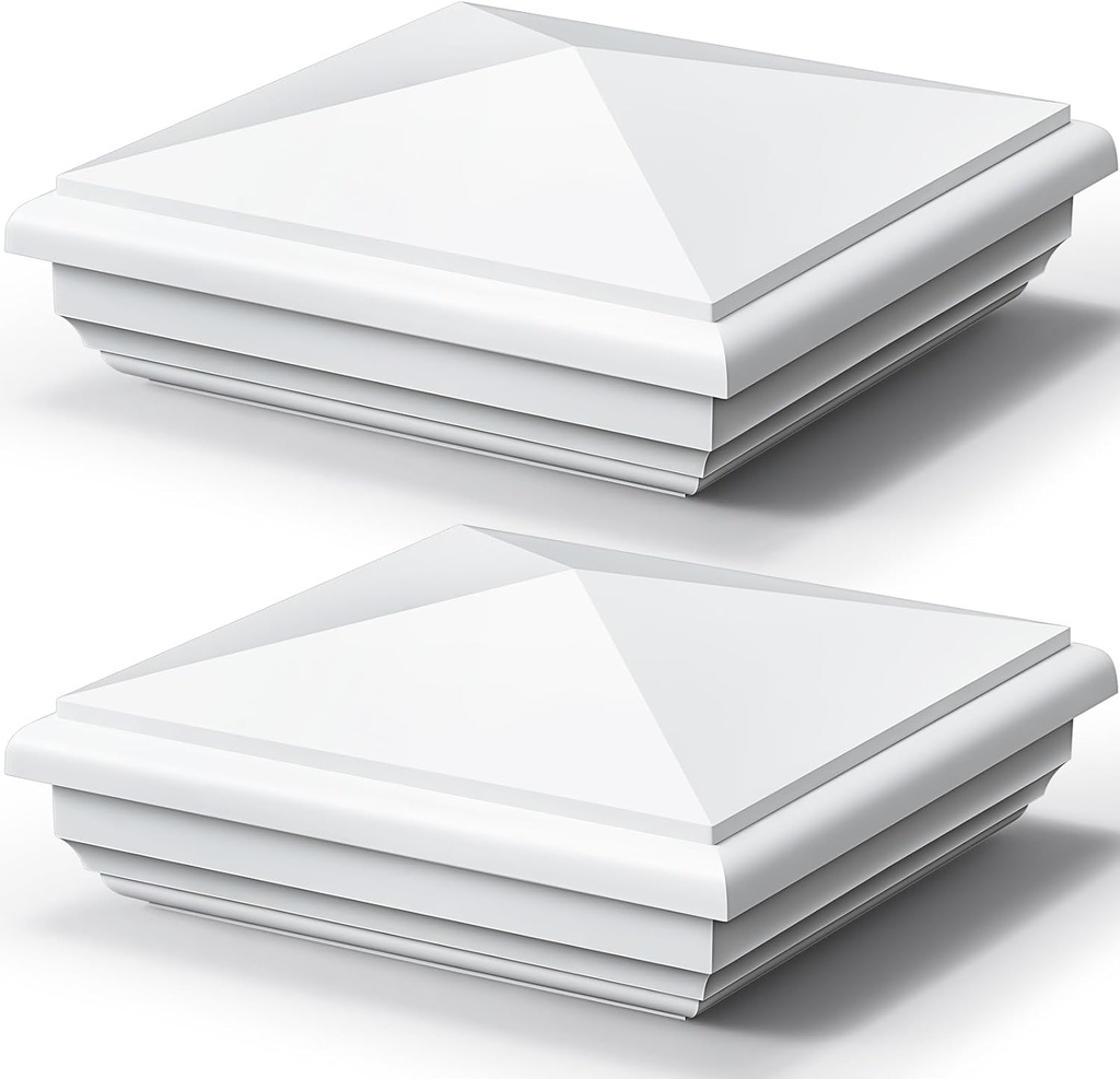 Sasylvia 2 Pcs 5 x 5 Inch Vinyl Fence Post Caps (Actual 5x5), White PVC England Style Cap Top Pyramid Square Waterproof UV Resistant Decorative Vinyl Fence Post Caps