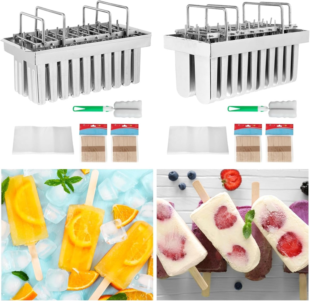 WICHEMI Stainless Steel Popsicle Molds Commercial Ice Pop Molds 20PCS Metal Ice Lolly Popsicle Mold Ice Cream Maker Mold Stick Holder with Lid (Flat Head with Grooved + Round Head with Grooved)
