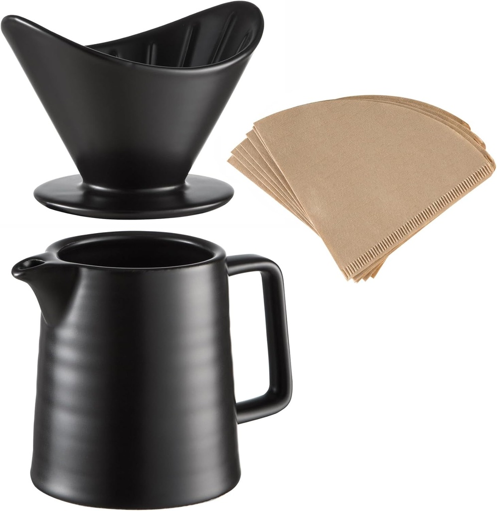 BeeCa Premium Black Ceramic Pour Over Set｜17oz/500ml V60 Brewer｜Retains Optimal Heat & Flavor｜Includes Paper Filters｜Home, Office, Café Multi-Serving