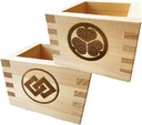 EDOYA Hinoki Wooden Sake Cups (Set of 2) Japanese Box Masu with Japanese Lucky Brand Made in Japan (Japanese Crest)