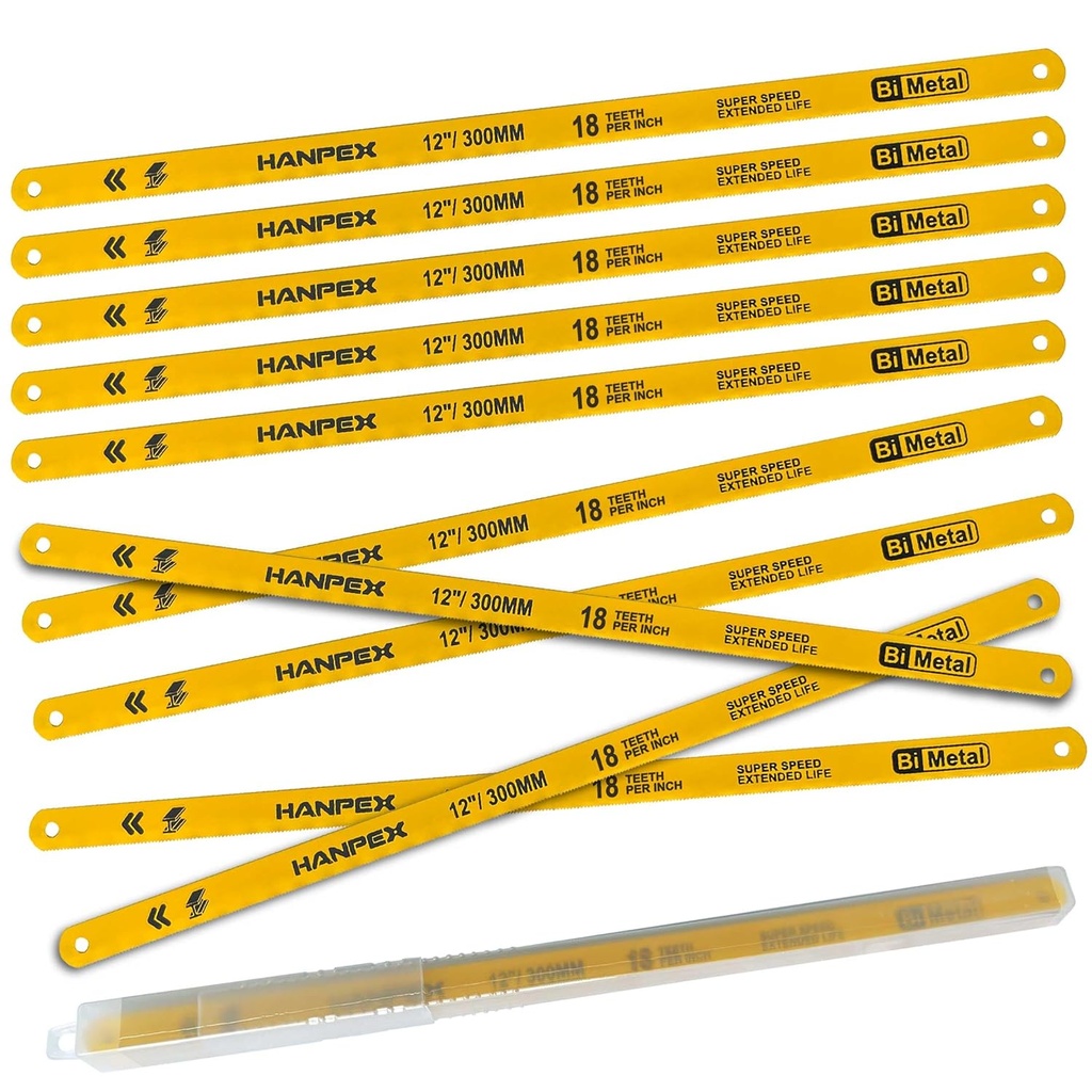 Hacksaw Replacement Blades (10 Pack) High Speed 18 TPI - 12" Length Hack Saw Blade - Bi-Metal HSS Cutting Blades