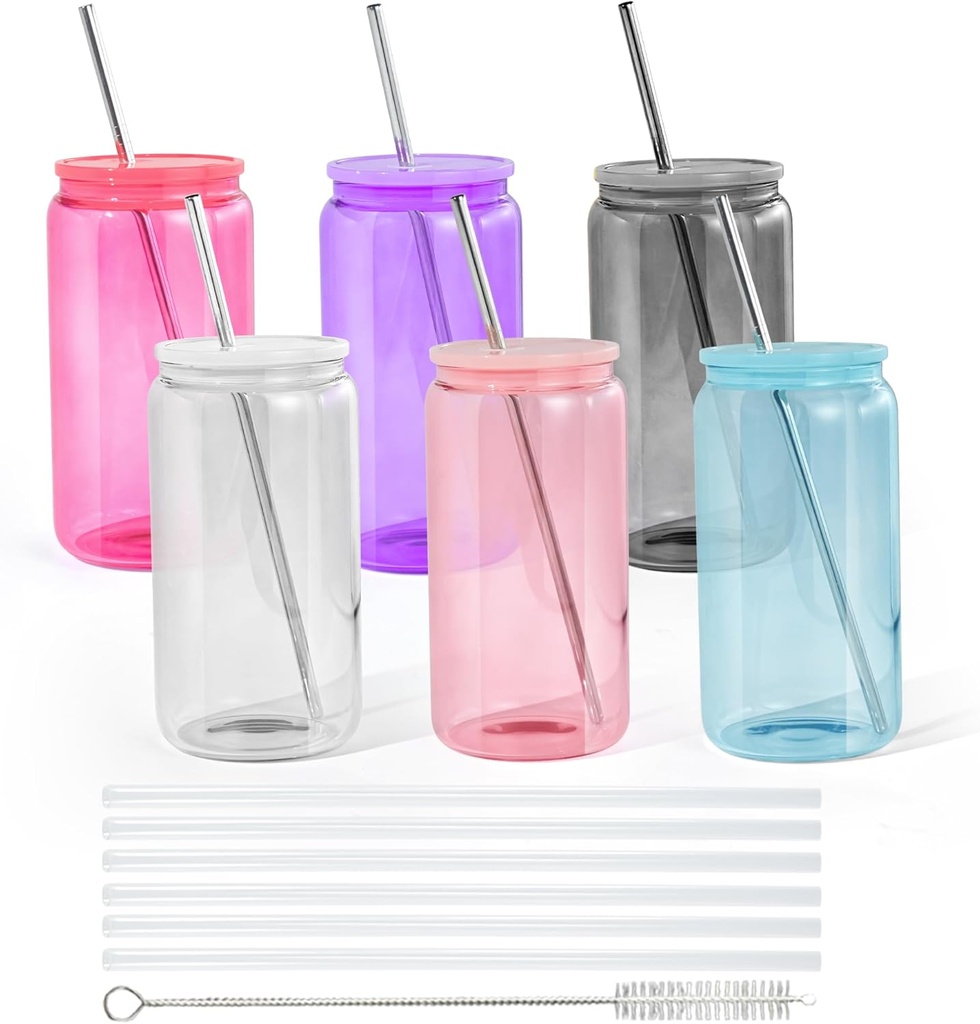 16oz Plastic Mason Jars, 6Pack Clear Mason Drinking Acrylic Cups with Lids and Stainless Steel Straws Iced Coffee Cups Shatterproof Unbreakable Tumblers for Smoothies, Beer, Coffee, Milk Tea, Colored