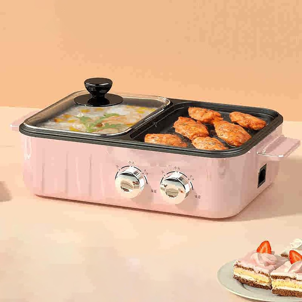 Electric Hot Pot with Grill, 1200W Non-Stick Indoor Electric Pot and Grill, Dual Temperature Control for 1-2 People