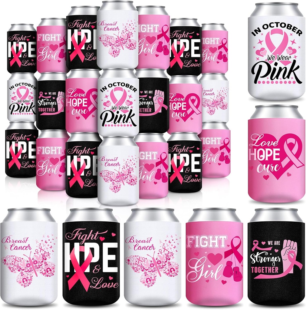 Sunnyray 24 Pcs Breast Cancer Awareness Can Coolers Sleeves Pink Ribbon Beer Coolies Cover Beer Can Beverage Coolers Sleeves Party Supplies Decorations Favors for Water Bottles or Soda, 6 Designs