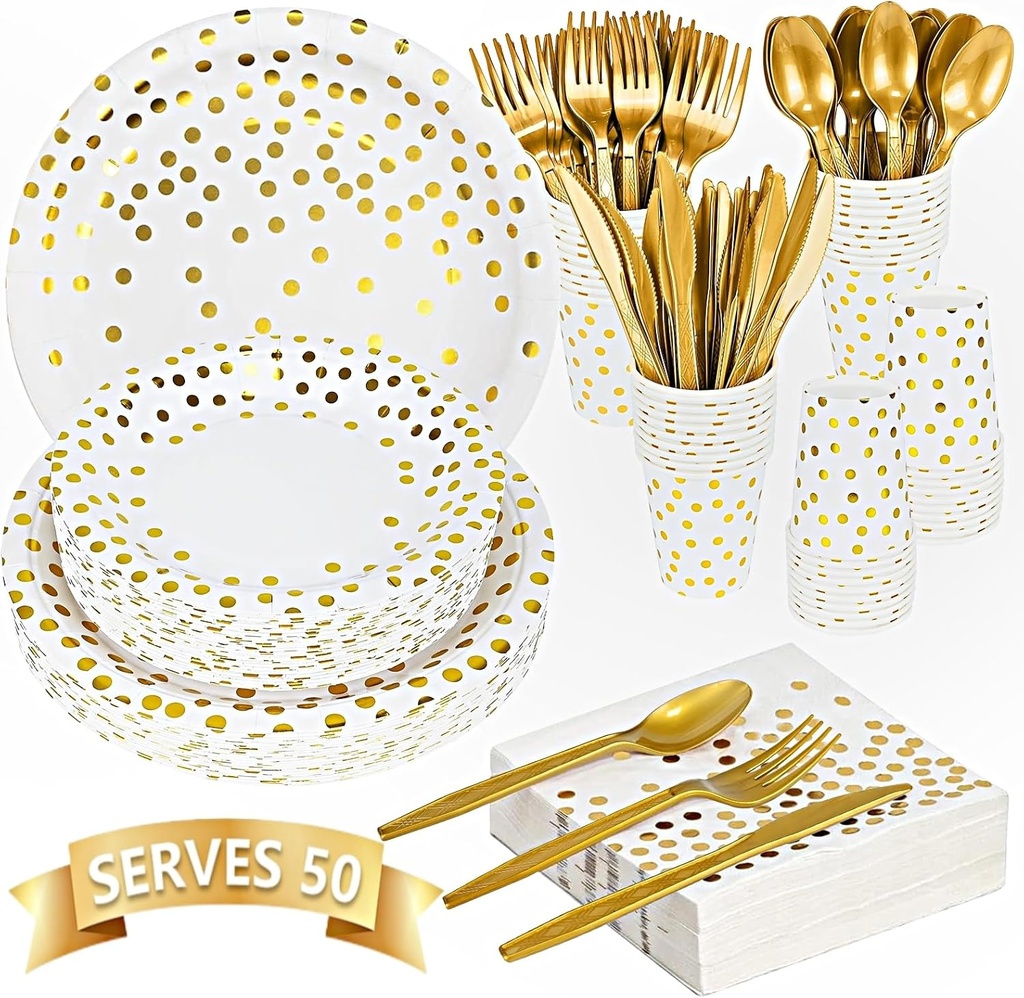 350PCS Gold Party Supplies - Disposable Dinnerware Sets for 50 Guests, Include 50 Paper Plates, 50 Dessert Plates, 50 Silverware, 50 9oz Cups, 50 Napkins, Heavy Duty Utensils for Party, Wedding